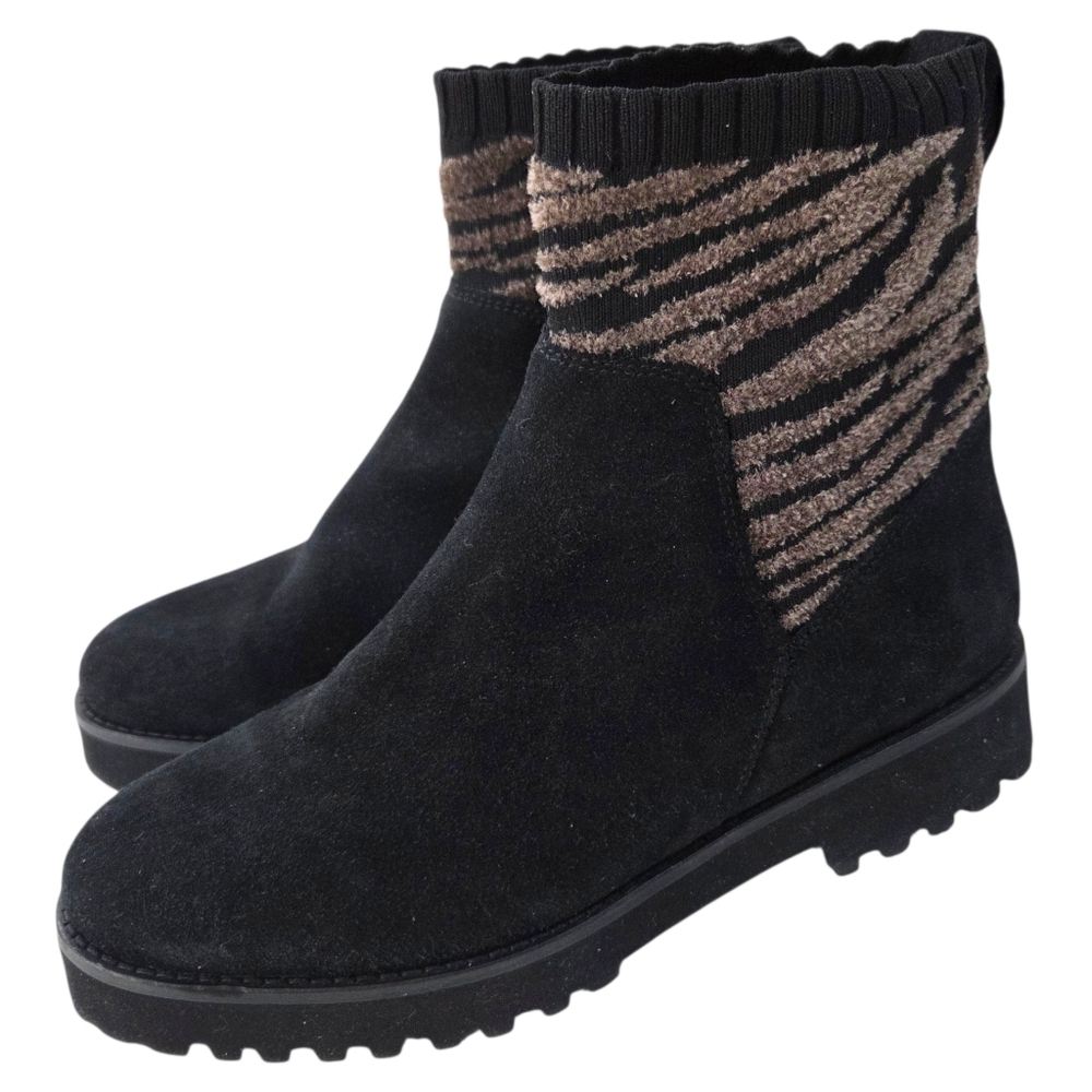 Andre Assous Sara Sock Boot Leather Tiger Print Womens 7 Black Flat Designer